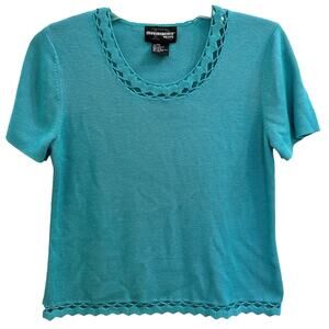 Requirements Petite M Aqua Teal Short-sleeve Sweater Decorative Knit & Beading